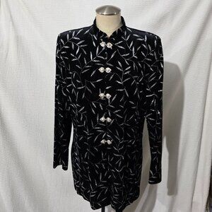 J.B.S. Vtg Black Velvet Silver Shiny Leaves Evening Blazer Metal closure XL
